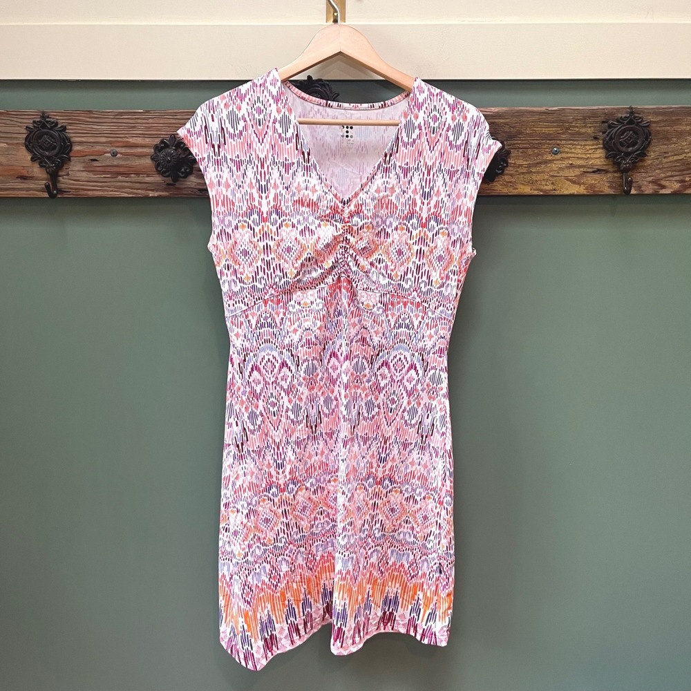 Title Nine Diamalete Dress Medium Pink Orange Ikat Geometric V-Neck Cap Sleeve